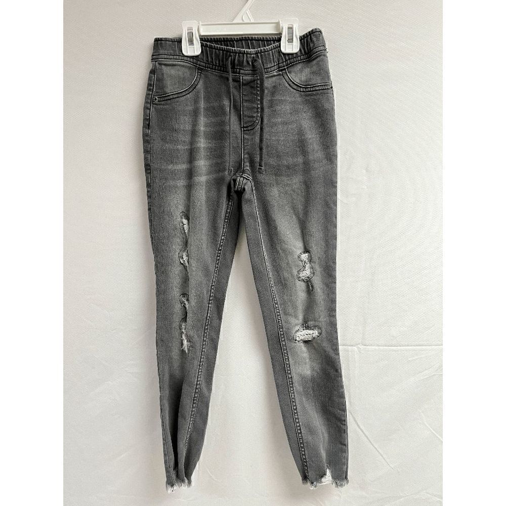 Girls High Rise Elastic Waistband Distressed Raw Hem Jeans Gray Size 12